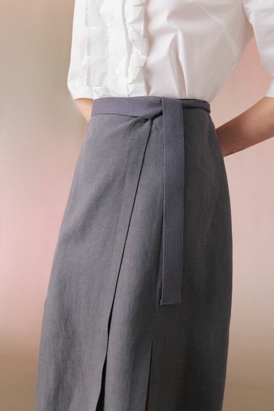 Bağlamalı Yırtmaçlı Midi Keten Etek Antrasit - 4