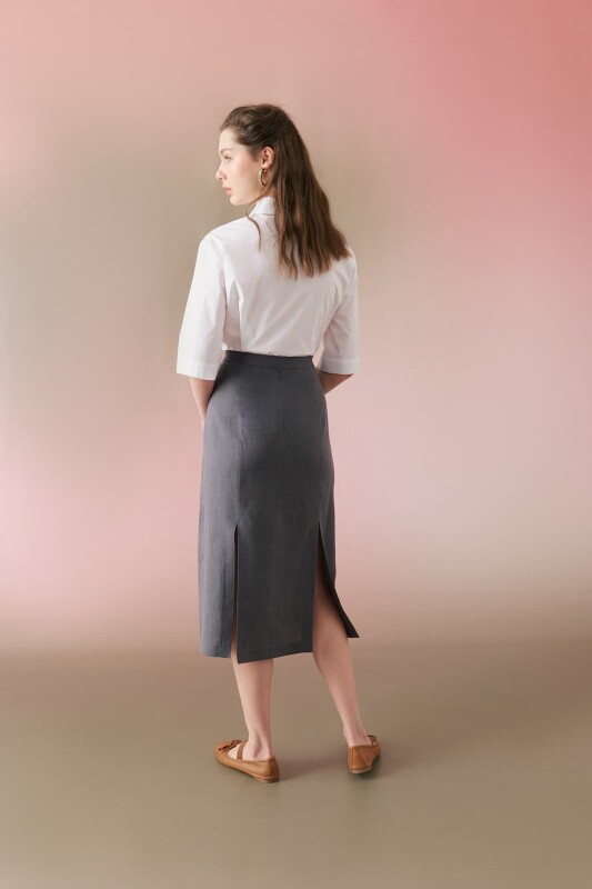 Bağlamalı Yırtmaçlı Midi Keten Etek Antrasit - Roman (1)