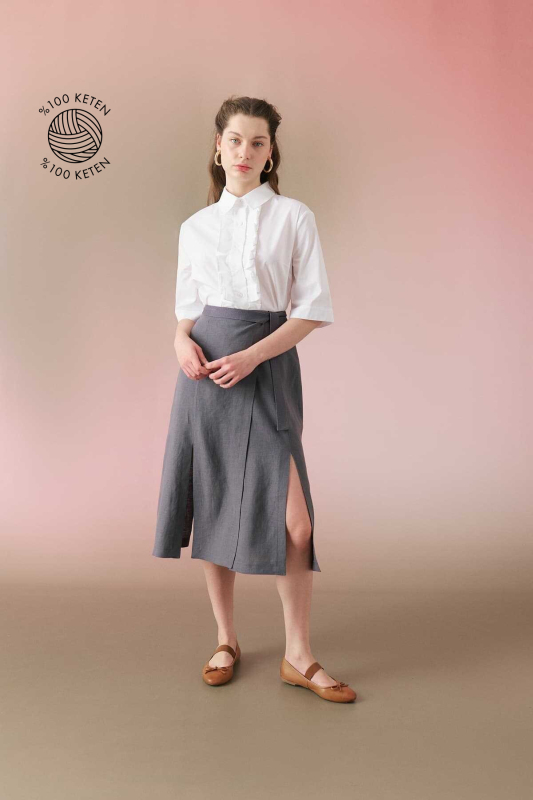 Bağlamalı Yırtmaçlı Midi Keten Etek Antrasit - Roman