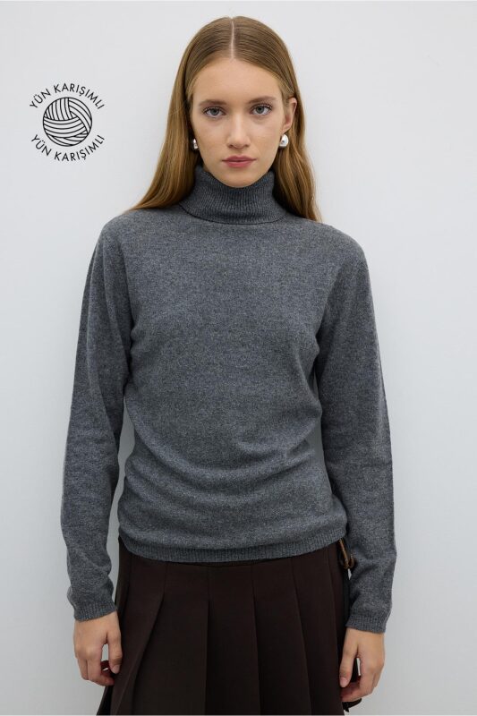 Balıkçı Yaka Triko Kazak Gri - 1