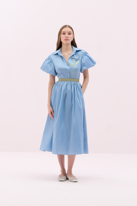 Balon Kol Çiçek Motifli Midi Boy Tafta Elbise Mavi - 3