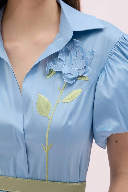 Balon Kol Çiçek Motifli Midi Boy Tafta Elbise Mavi - 4