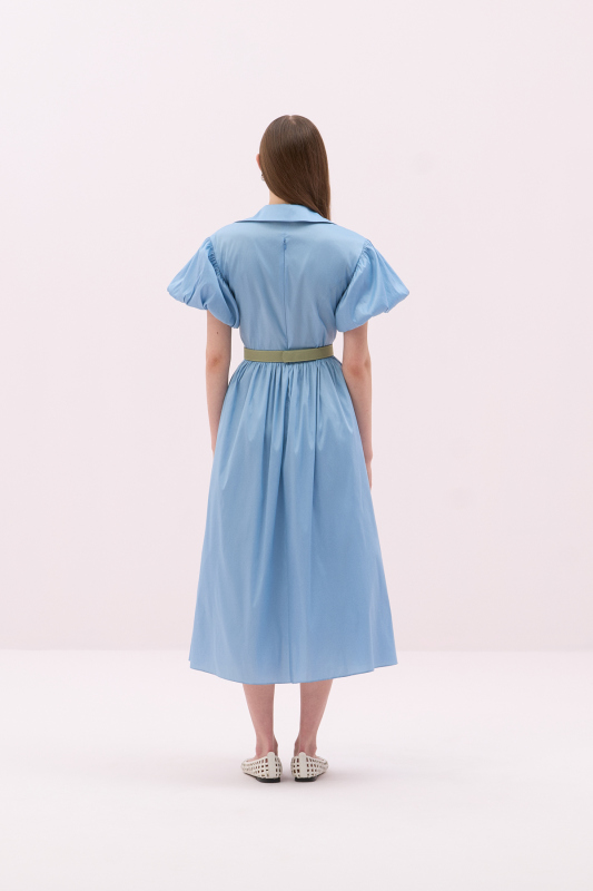 Balon Kol Çiçek Motifli Midi Boy Tafta Elbise Mavi - 2