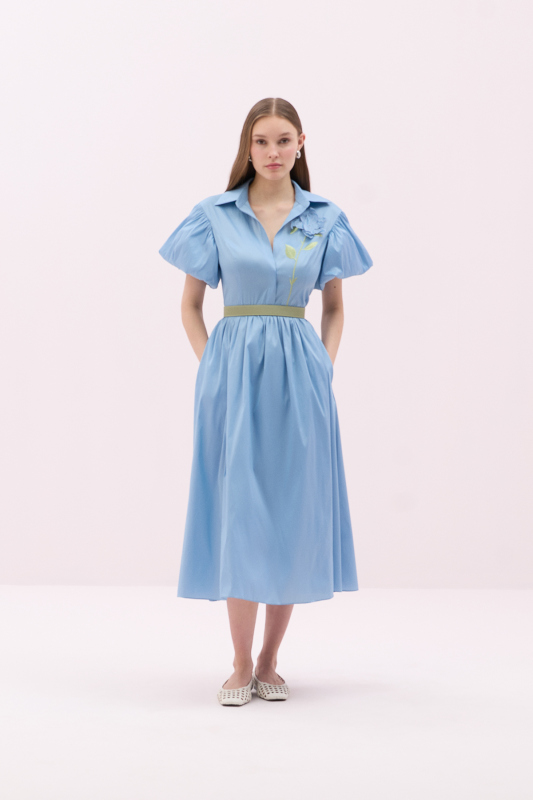 Balon Kol Çiçek Motifli Midi Boy Tafta Elbise Mavi - 1