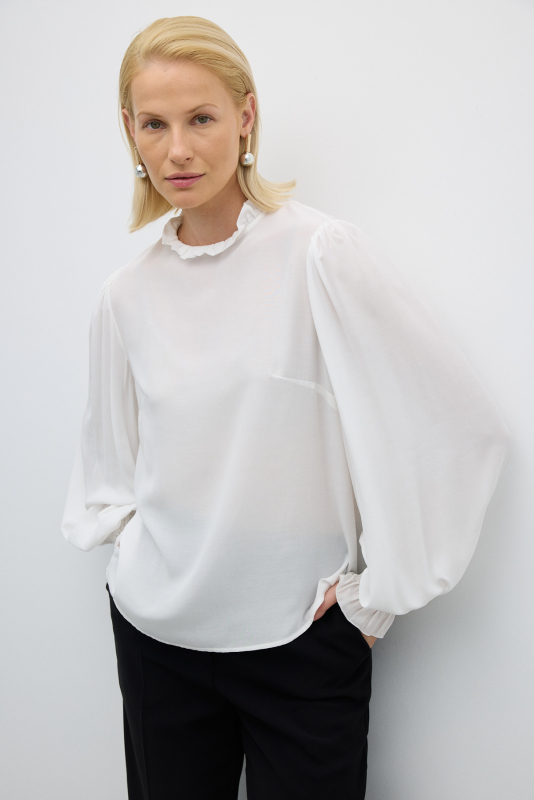 Balon Kol Fırfır Yakalı Bluz Ekru - 3