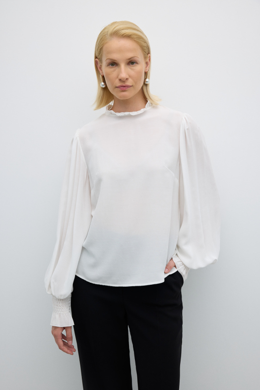 Balon Kol Fırfır Yakalı Bluz Ekru - 1