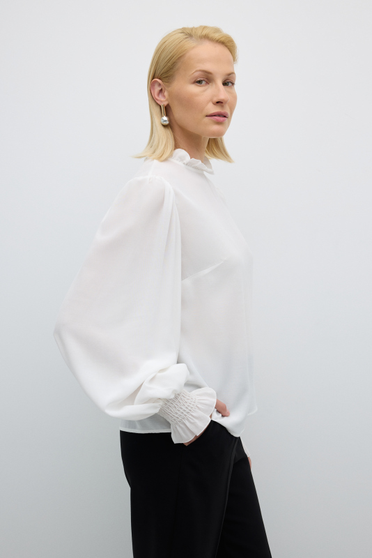 Balon Kol Fırfır Yakalı Bluz Ekru - 4