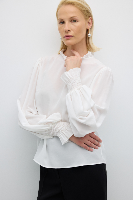 Balon Kol Fırfır Yakalı Bluz Ekru - 5