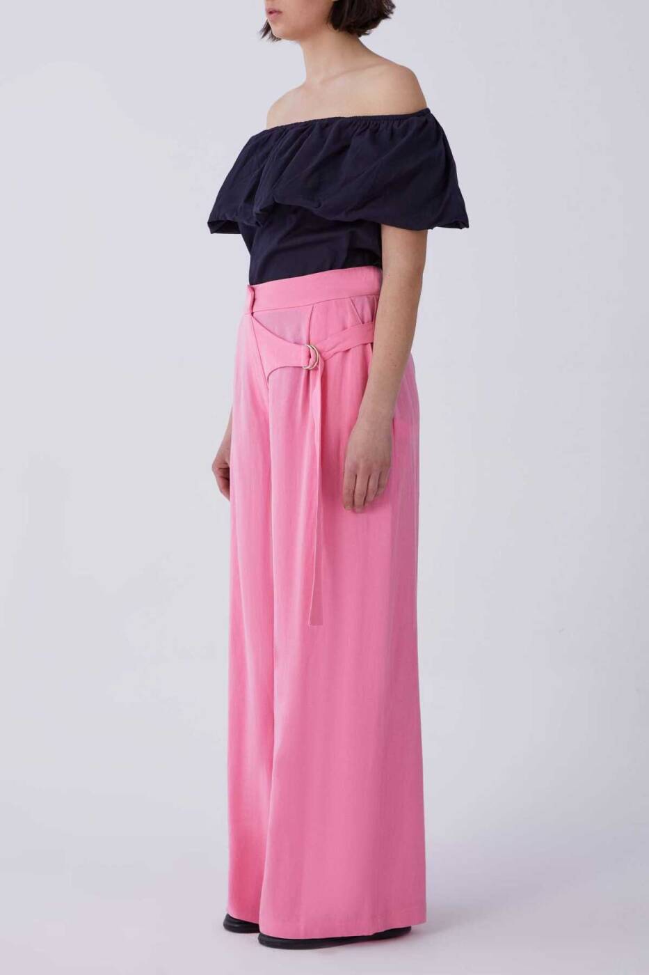 Bel Detaylı Bol Paça Kadın Pantolon Pembe - 3