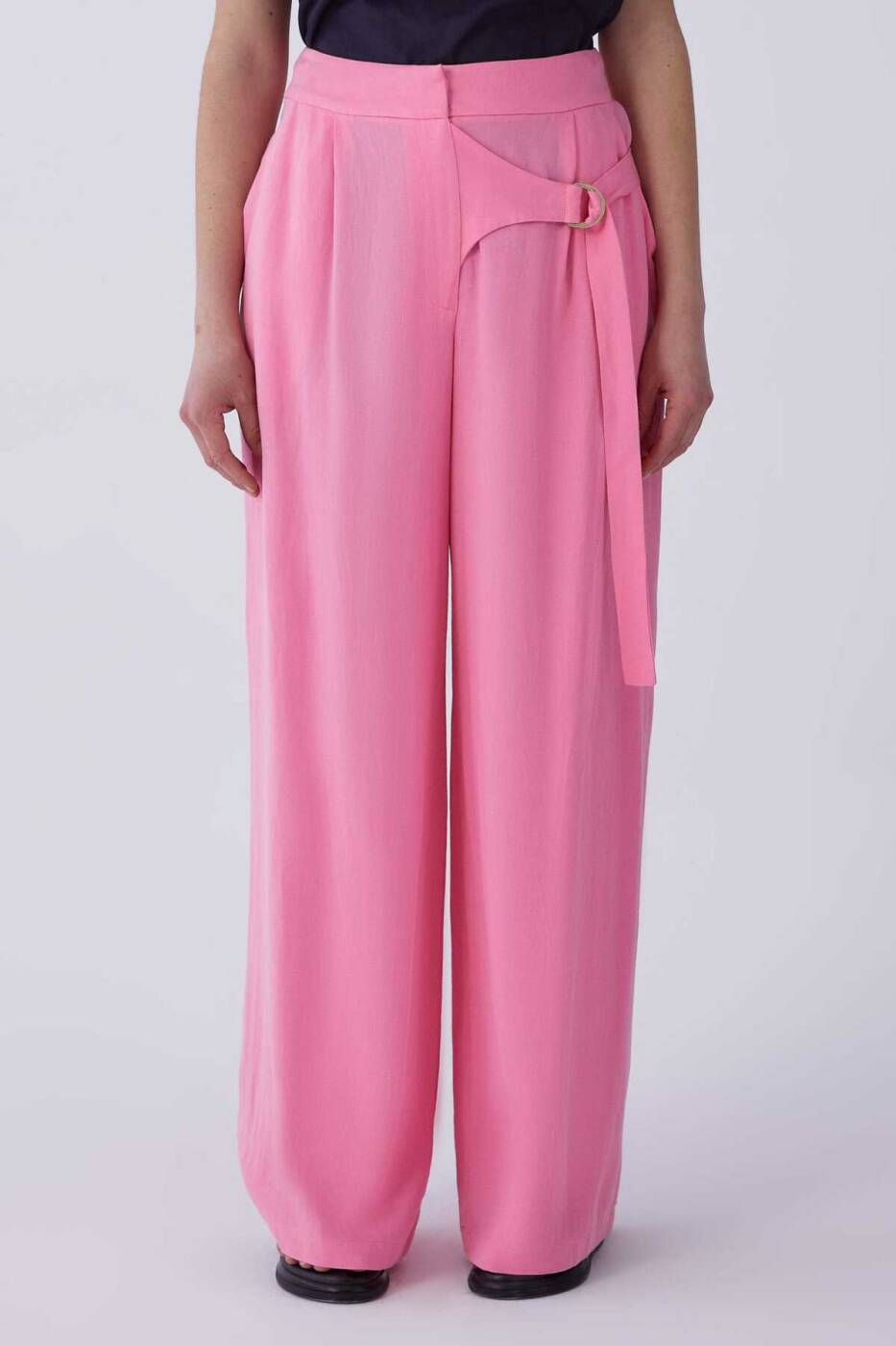 Bel Detaylı Bol Paça Kadın Pantolon Pembe - 1