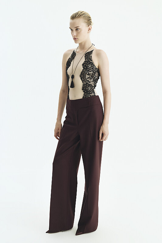 Bel Kapama Detaylı Geniş Paça Pantolon Bordo - 3