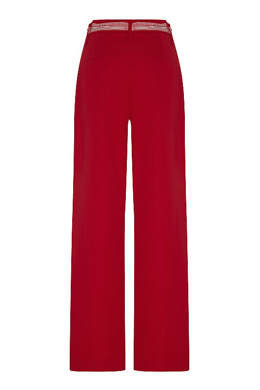 Belden Bağlamalı Pile Detaylı Geniş Paça Pantolon Kırmızı - 4
