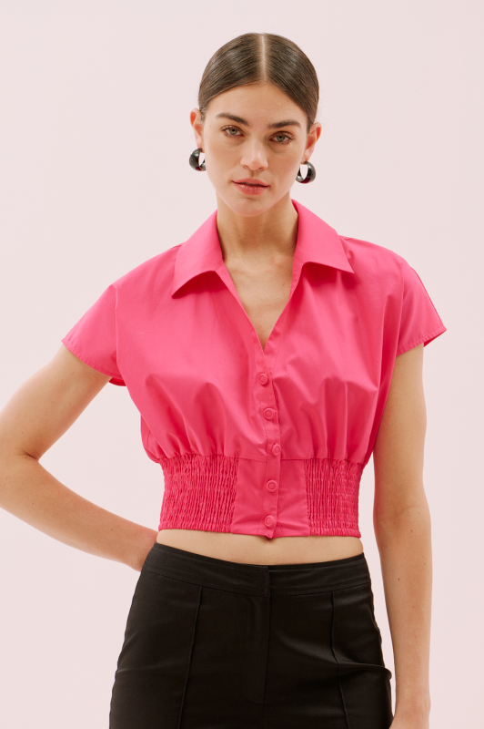 Bele Oturan Gipeli Düşük Omuz Gömlek Fuşya - 1