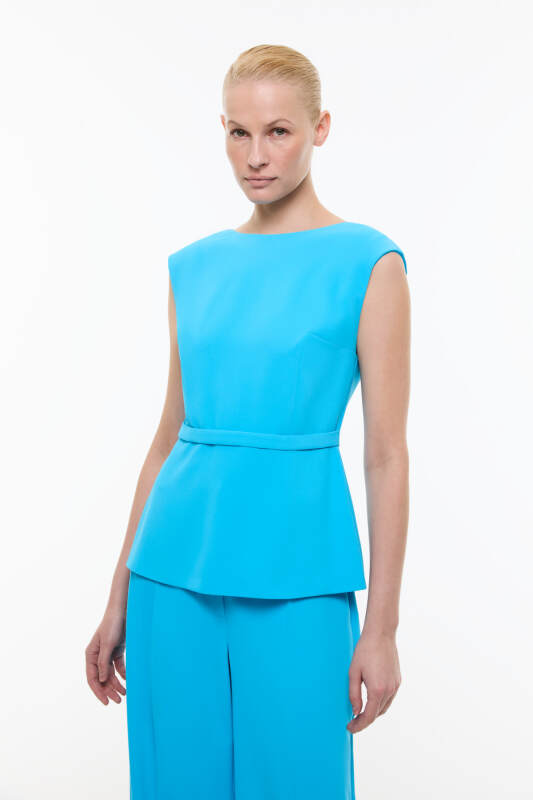 Bele Oturan Şerit Detaylı Vatkalı Bluz Mavi - Roman