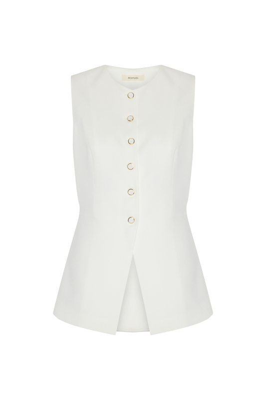 Bele Oturan Toka Detaylı Yelek Beyaz - 5