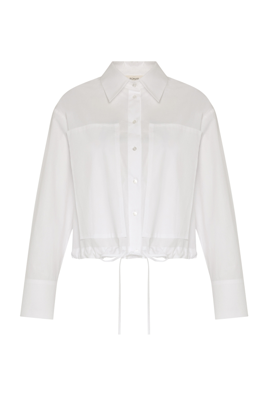 Beli Bağcıklı Uzun Kol Poplin Gömlek Beyaz - 5