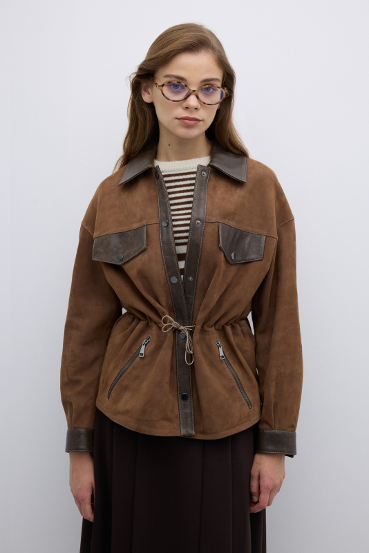 Beli Büzgülü ve Çıtçıt Detaylı Süet Mont Vizon - Roman