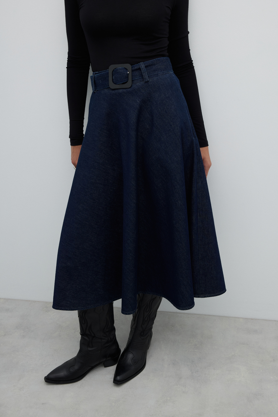 Beli Kemerli Denim Kloş Midi Boy Etek Lacivert - 4