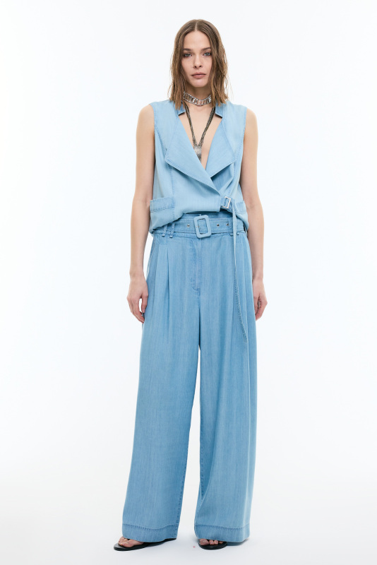 Beli Kemerli Denim Palazzo Pantolon Mavi - 3
