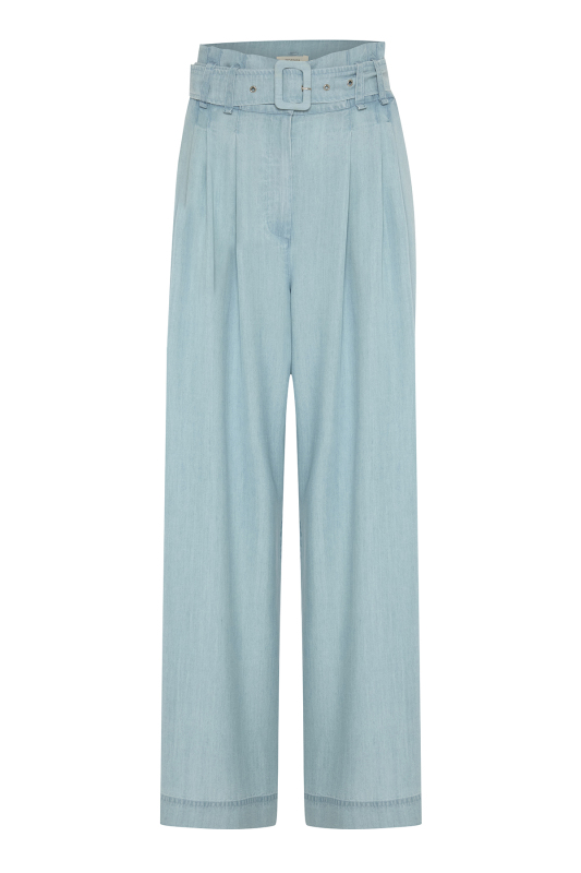 Beli Kemerli Denim Palazzo Pantolon Mavi - 4