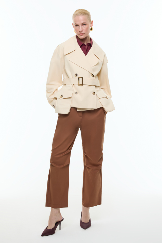 Beli Kemerli Kruvaze Kısa Trençkot Bej - 3