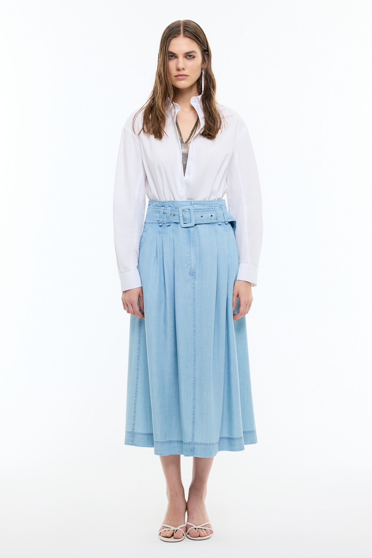 Beli Kemerli Midi Boy Denim Etek Mavi