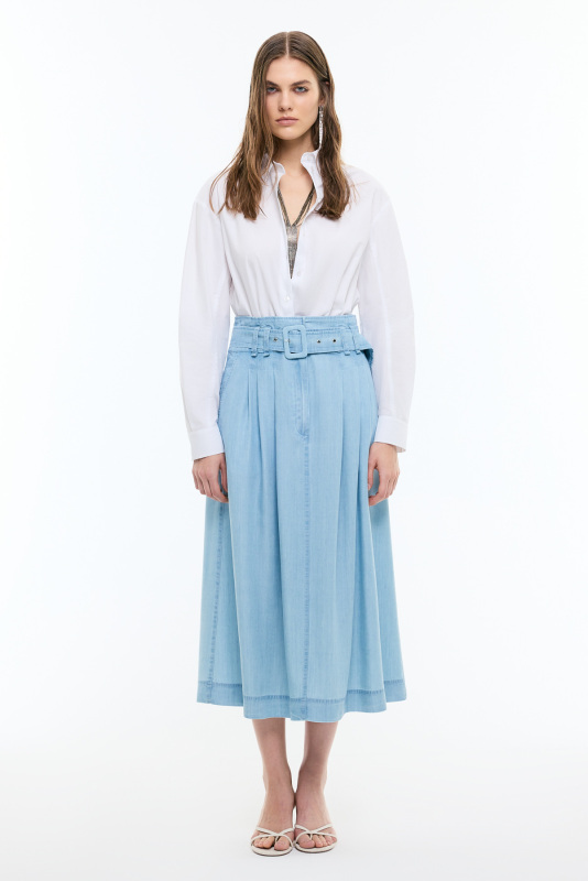 Beli Kemerli Midi Boy Denim Etek Mavi - Roman