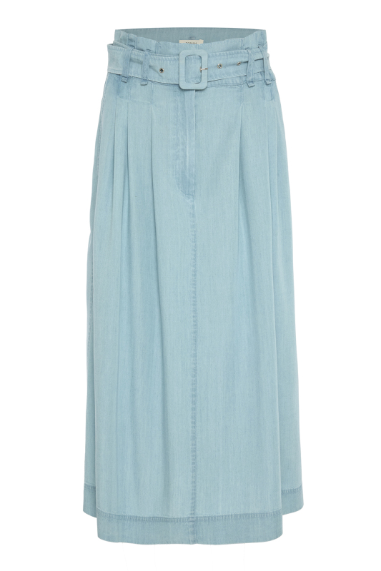 Beli Kemerli Midi Boy Denim Etek Mavi - 5