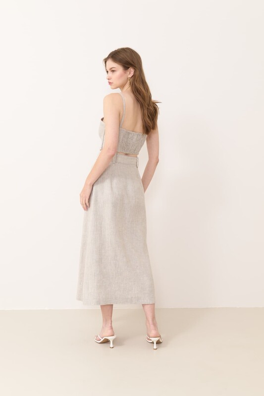 Beli Kemerli Önden Düğmeli Çift Pileli Keten Midi Etek Naturel - Roman (1)