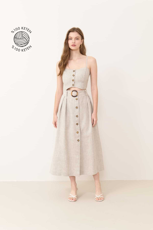 Beli Kemerli Önden Düğmeli Çift Pileli Keten Midi Etek Naturel - Roman