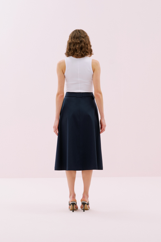 Beli Kemerli Önü Çıtçıt Detaylı Midi Boy Etek Lacivert - 2