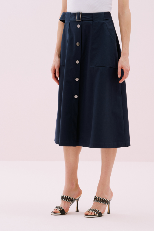 Beli Kemerli Önü Çıtçıt Detaylı Midi Boy Etek Lacivert - 3