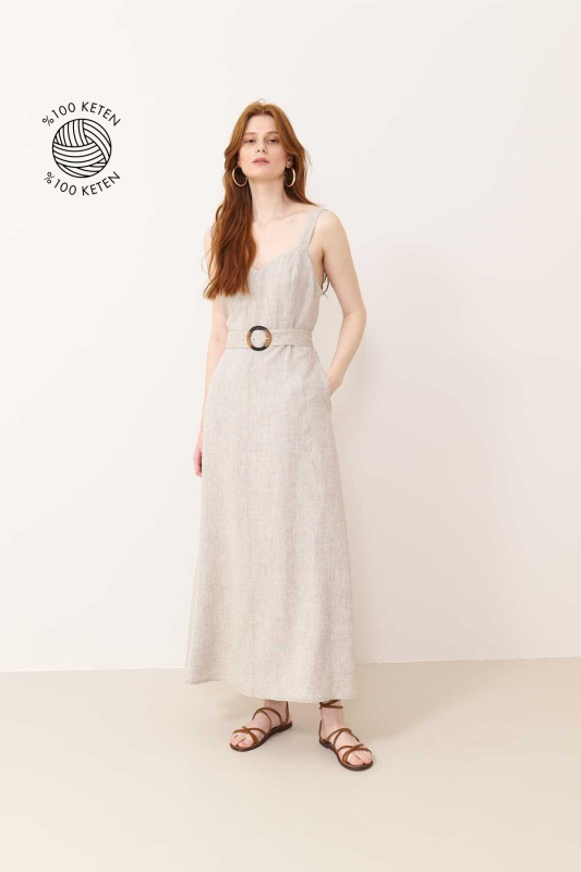 Beli Kemerli V Yaka Kalın Askılı Keten Elbise Naturel - 1