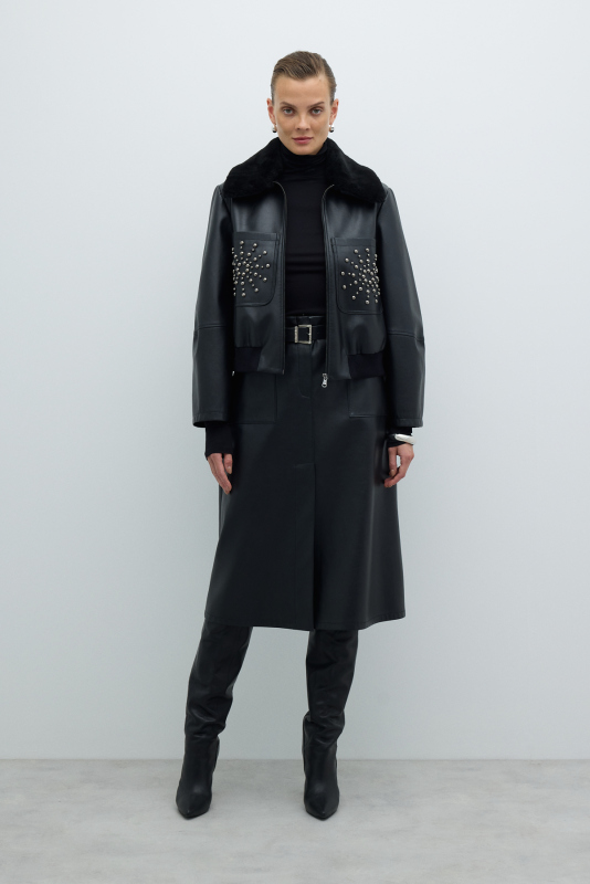 Beli Kemerli Yırtmaçlı Midi Boy Etek Siyah - 6