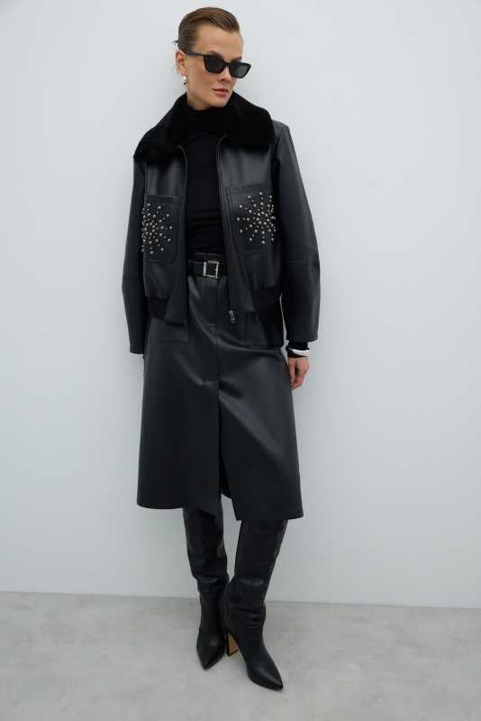 Beli Kemerli Yırtmaçlı Midi Boy Etek Siyah - 2