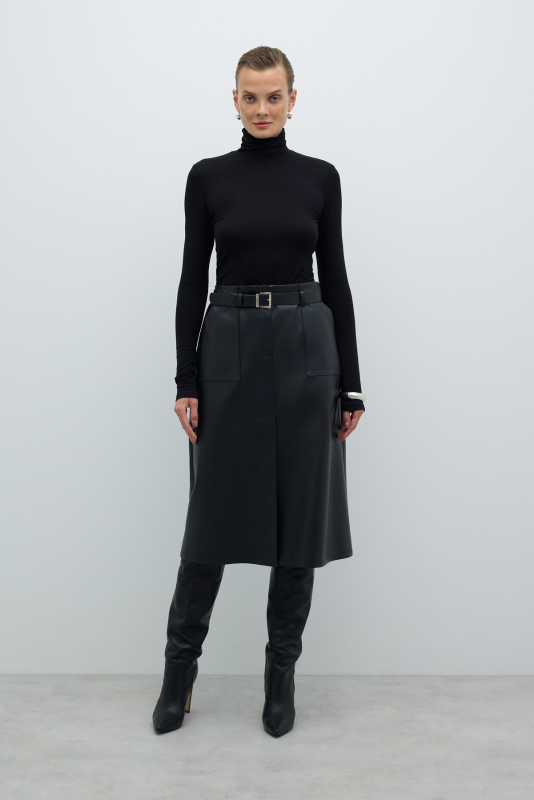 Beli Kemerli Yırtmaçlı Midi Boy Etek Siyah - 1