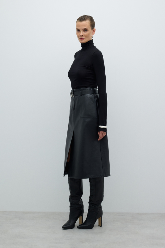 Beli Kemerli Yırtmaçlı Midi Boy Etek Siyah - 5