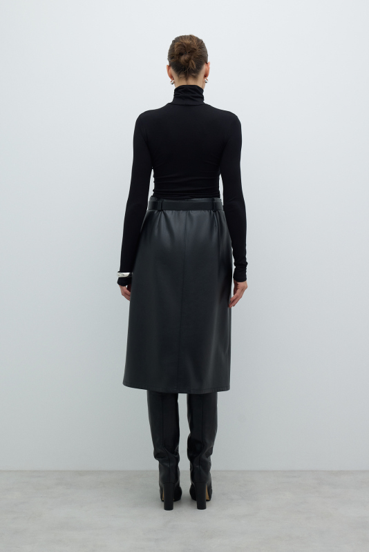 Beli Kemerli Yırtmaçlı Midi Boy Etek Siyah - 3