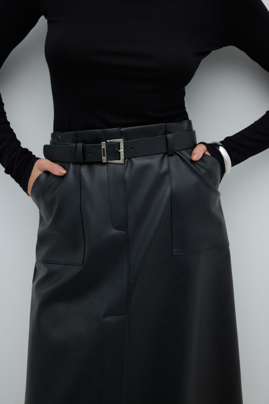 Beli Kemerli Yırtmaçlı Midi Boy Etek Siyah - 4