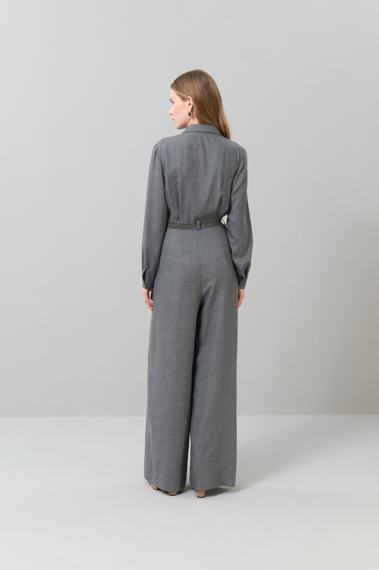 Beli Kuşak Bağlamalı Gömlek Yaka Tulum Gri - Roman (1)