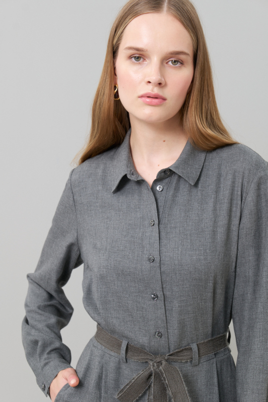 Beli Kuşak Bağlamalı Gömlek Yaka Tulum Gri - 4