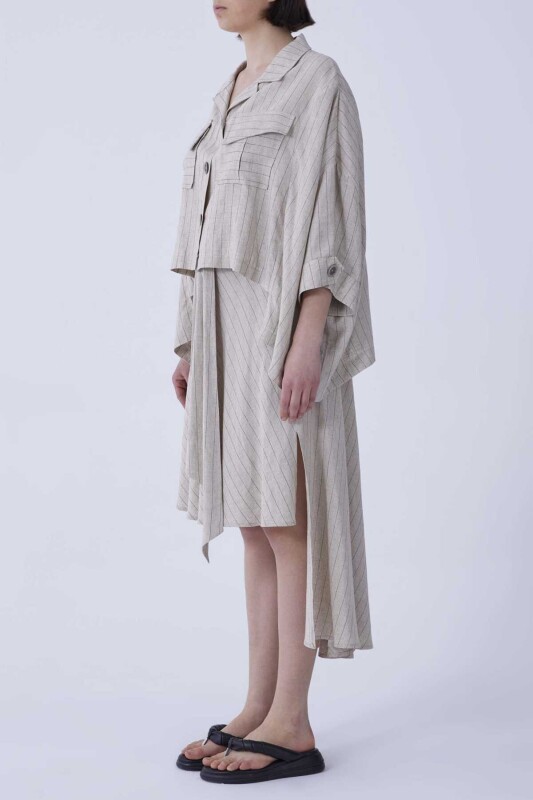 Beli Kuşaklı Asimetrik Çizgili Etek Bej - 3