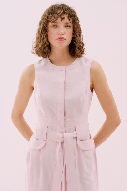 Beli Kuşaklı Çift Cepli Kolsuz Midi Boy Keten Elbise Pembe - 3