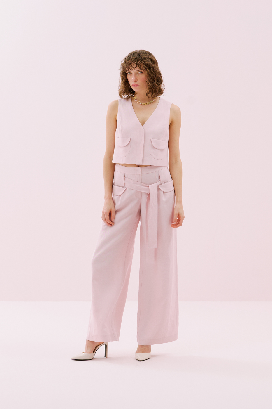Beli Kuşaklı Çift Cepli Pileli Geniş Paça Pantolon Pembe - 1