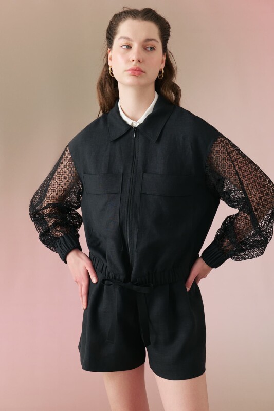 Beli Kuşaklı Keten Bomber Ceket Siyah - 1