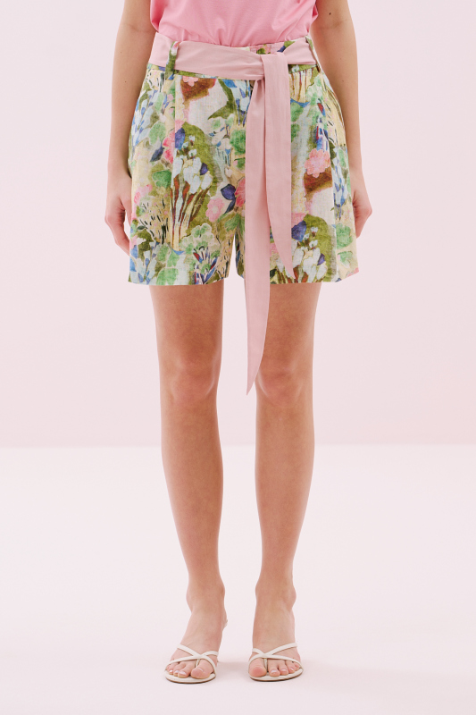 Beli Kuşaklı Tek Pileli Keten Şort Standart Renk - 3