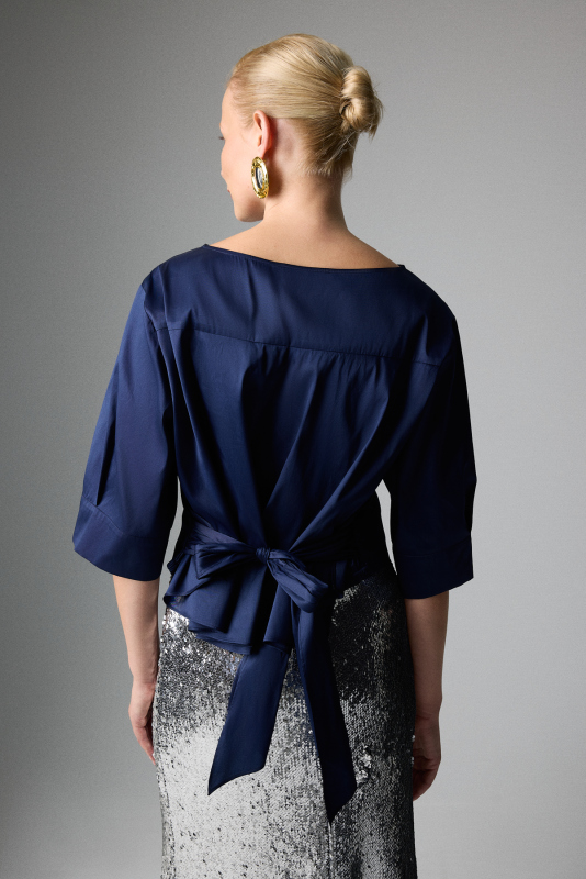 Beli Kuşaklı Truvakar Kol Bluz Lacivert - 2