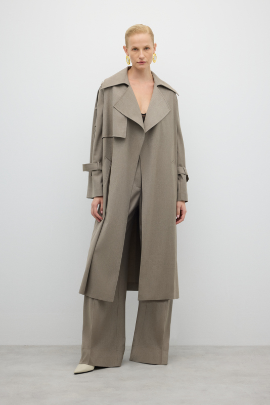 Beli Kuşaklı Yün Karışımlı Geniş Kesim Pardesü Kum Beji - 3