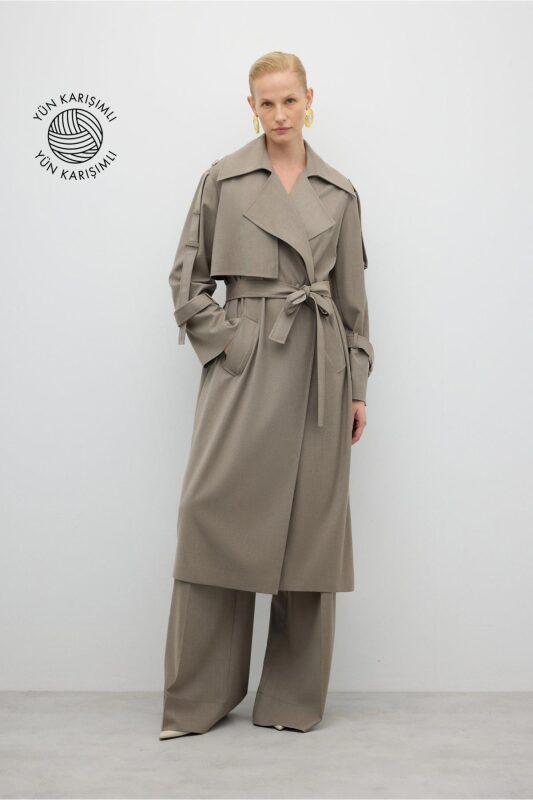 Beli Kuşaklı Yün Karışımlı Geniş Kesim Pardesü Kum Beji - 1