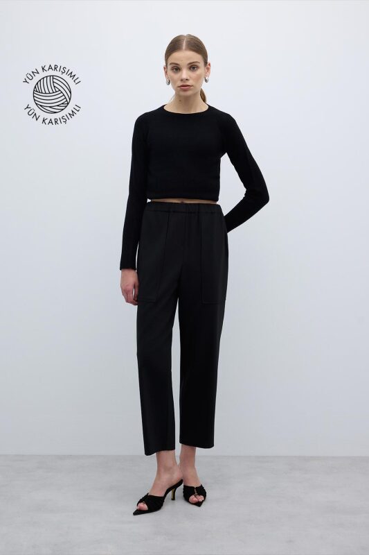 Beli Lastikli Düz Paça Pantolon Siyah - 1